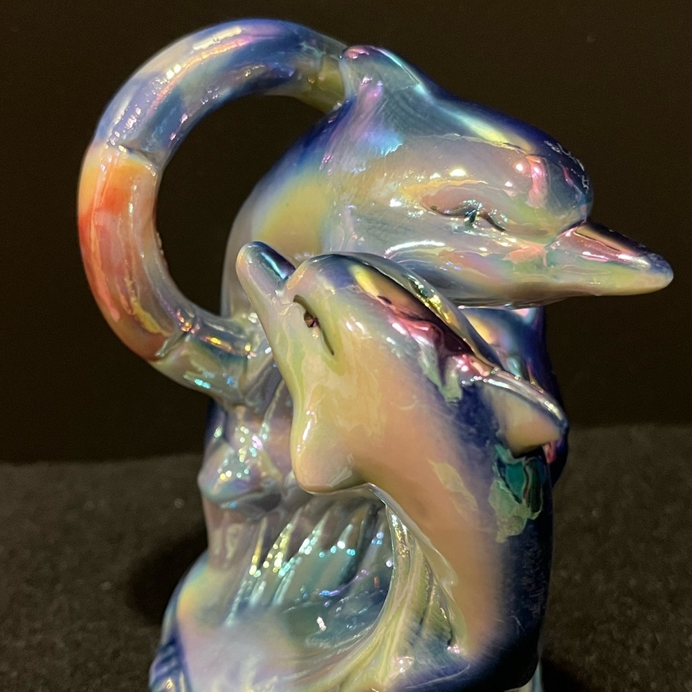 Vintage Dolphins Swimming Through Hoop Iridescent Rainbow Lusterware Figurine - Picture 2 of 12